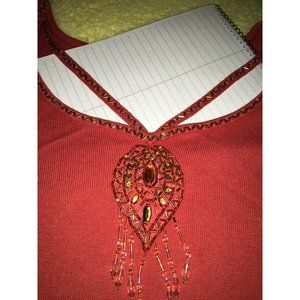 Rust Beaded Neckline Sweater size 1X with Gold Beaded Accents and Danglies